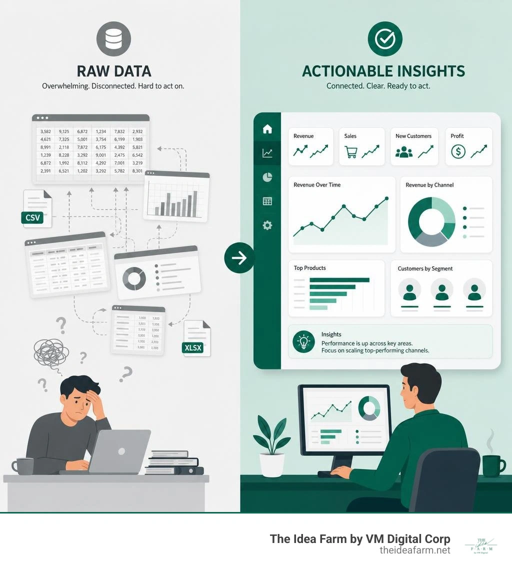 Infographic showing raw data vs actionable insights through a data analytics dashboard infographic