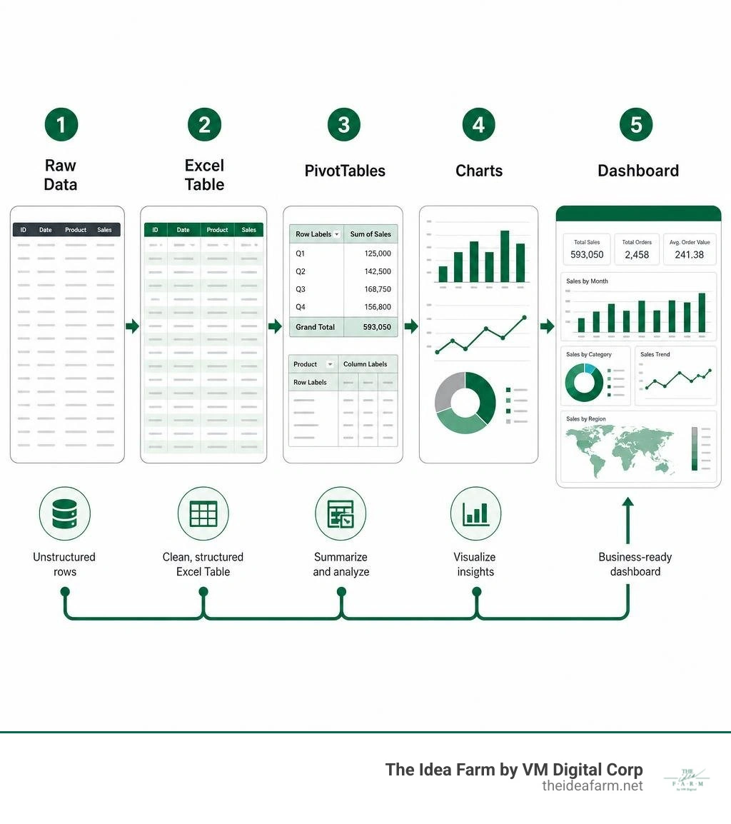 Infographic showing the flow from raw data rows to Excel Table to PivotTables to charts to a finished dashboard infographic Infographic showing the flow from raw data rows to Excel Table to PivotTables to charts to a finished dashboard infographic