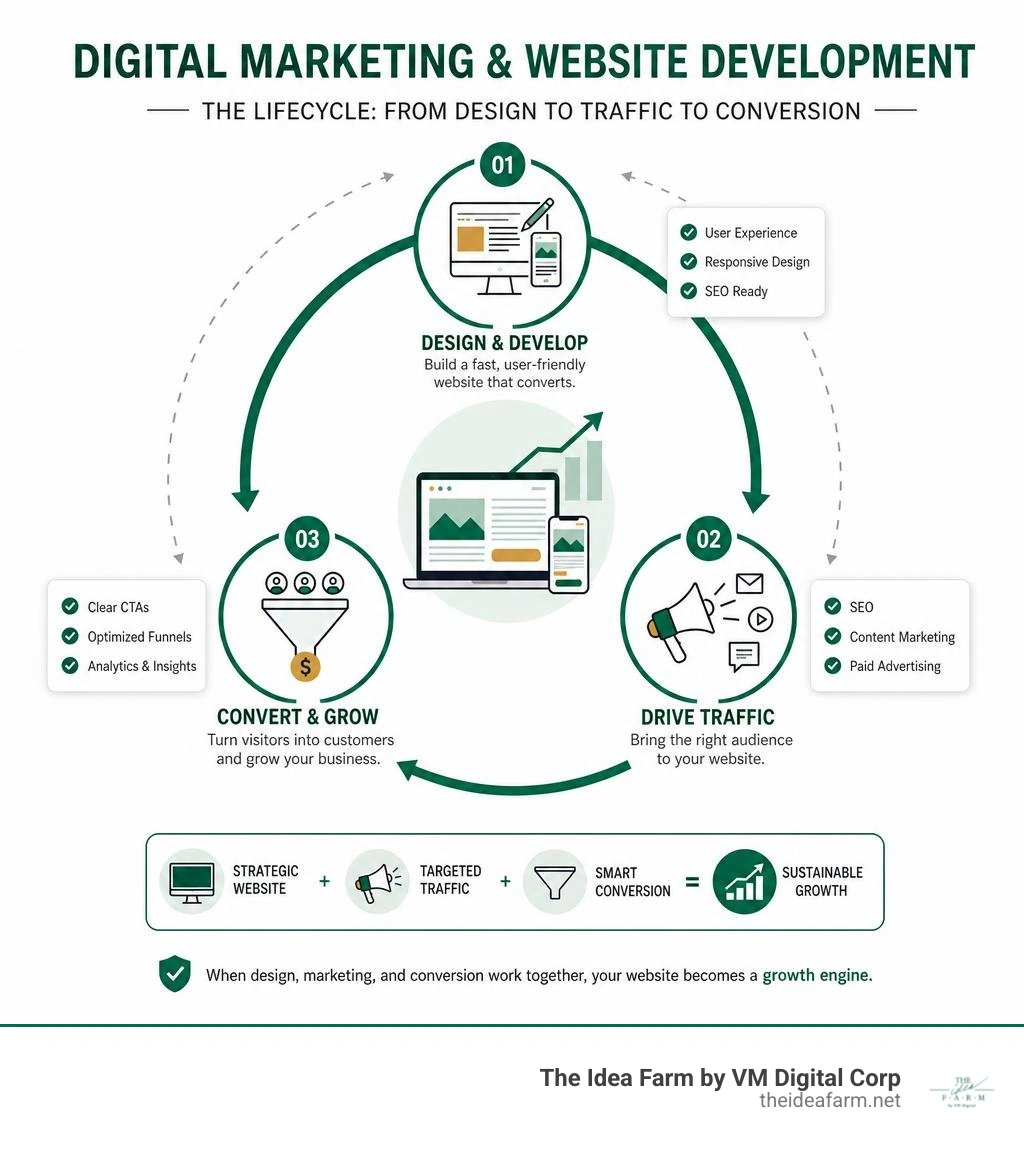 Digital marketing and website development lifecycle from design to traffic to conversion infographic Digital marketing and website development lifecycle from design to traffic to conversion infographic