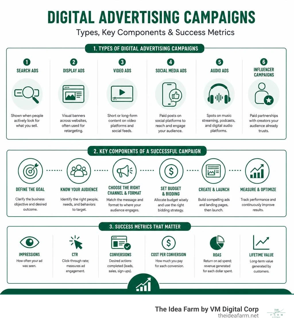 Infographic showing types of digital advertising campaigns, key components, and success metrics infographic