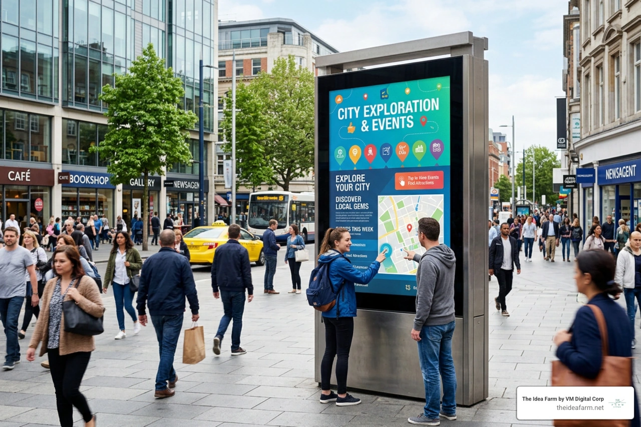 A view of an interactive digital billboard in a busy city center, engaging pedestrians