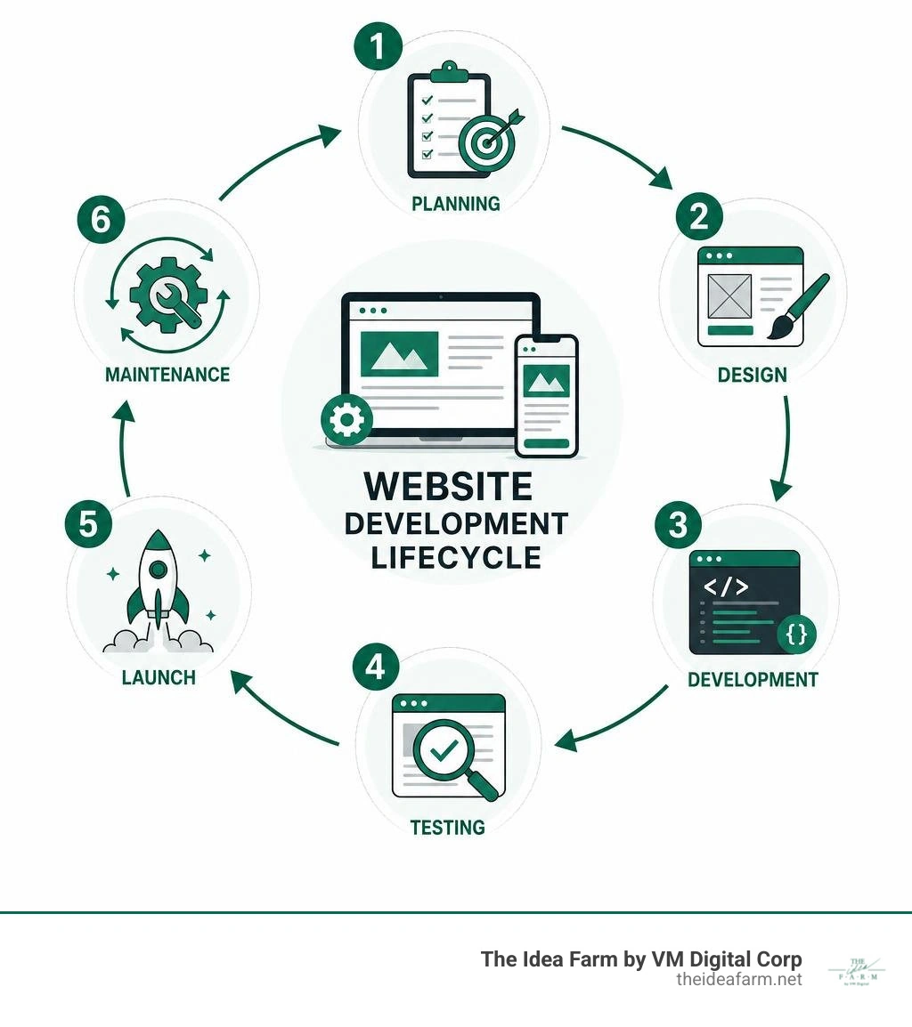 Website development lifecycle infographic showing phases: planning, design, development, testing, launch, and maintenance Website development lifecycle infographic showing phases: planning, design, development, testing, launch, and maintenance