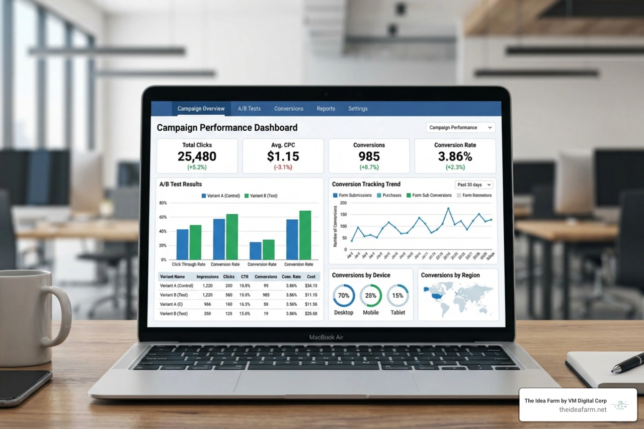 PPC campaign optimization dashboard showing A/B tests and conversion tracking PPC campaign optimization dashboard showing A/B tests and conversion tracking