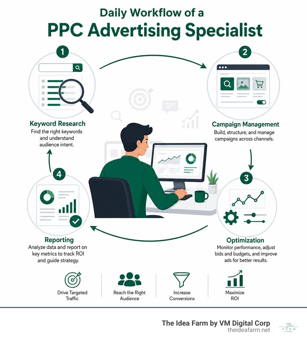 Daily workflow of a PPC advertising specialist showing keyword research, campaign management, optimization, and reporting Daily workflow of a PPC advertising specialist showing keyword research, campaign management, optimization, and reporting