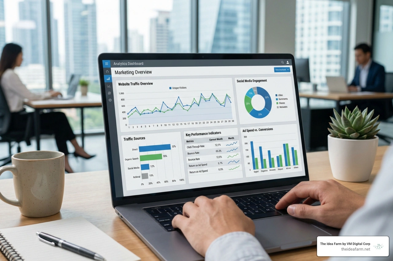 A multi-channel marketing dashboard showing web traffic, social media engagement, and ad spend in one place A multi-channel marketing dashboard showing web traffic, social media engagement, and ad spend in one place