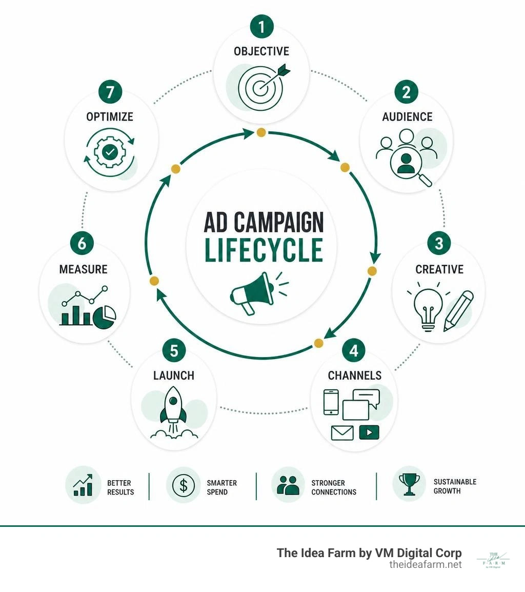 Ad campaign lifecycle infographic: objective, audience, creative, channels, launch, measure, optimize infographic Ad campaign lifecycle infographic: objective, audience, creative, channels, launch, measure, optimize infographic