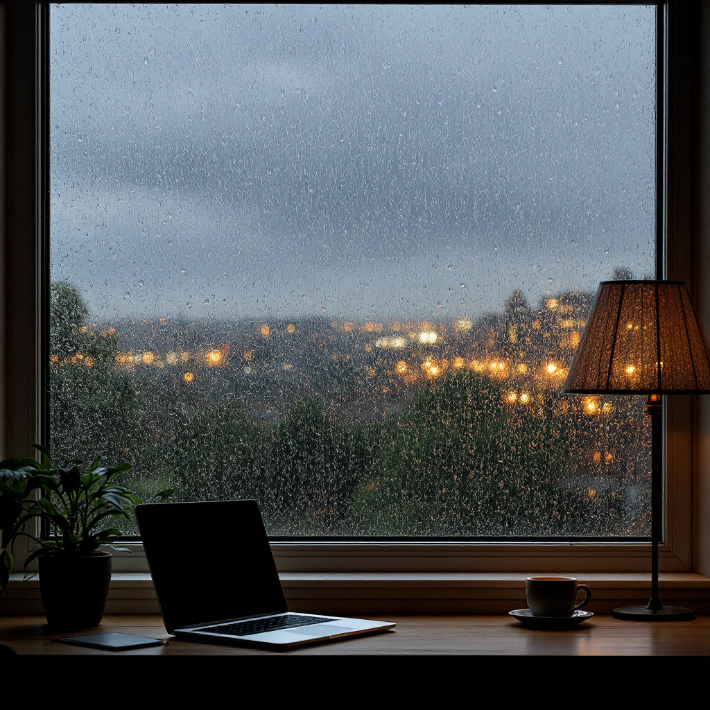 UK worker at laptop during six weeks of persistent January 2026 rain, managing productivity despite weather