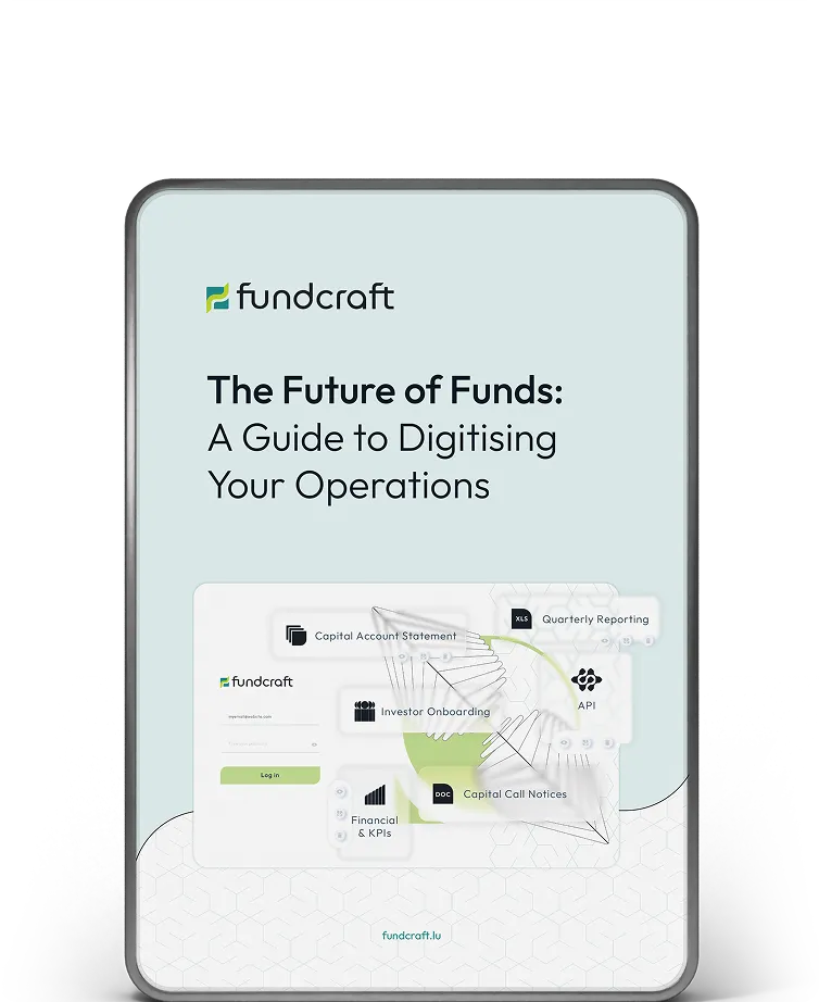 Page d'accueil Fundcraft avec le titre « L'avenir des fonds : Guide pour numériser vos opérations » et interface montrant des fonctionnalités comme relevé de compte, intégration des investisseurs, rapports trimestriels, API, indicateurs financiers et avis d'appel de fonds.