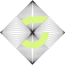 Motif géométrique noir et blanc formant un losange avec des lignes convergentes et une flèche circulaire verte pâle au centre.