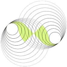 Illustration abstraite avec deux spirales blanches entrelacées, formant une forme de huit avec des zones jaunes et noires au centre.