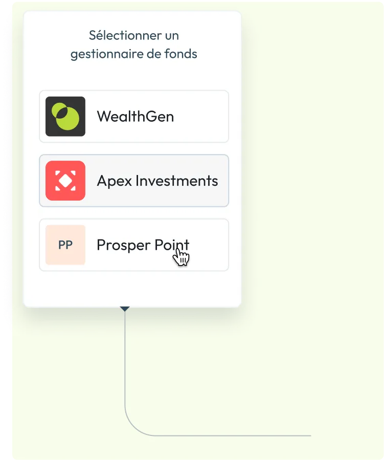 Menu de sélection d'un gestionnaire de fonds avec options WealthGen, Apex Investments (sélectionné), et Prosper Point.