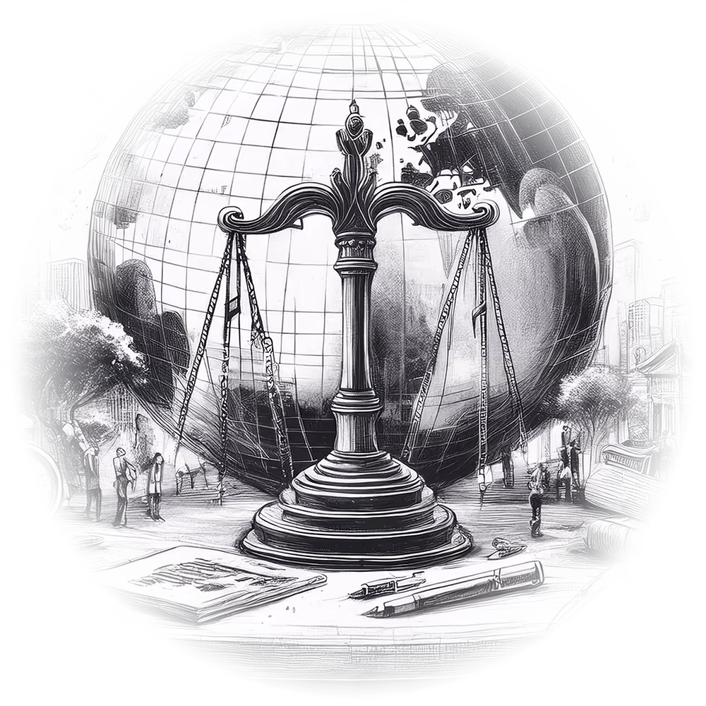 Black and white illustration of a balance scale in front of a globe with people, trees, and buildings in the background.