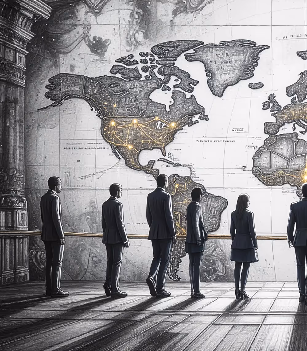 Six businesspeople standing in a line facing a large vintage world map with glowing network connections across North and South America.