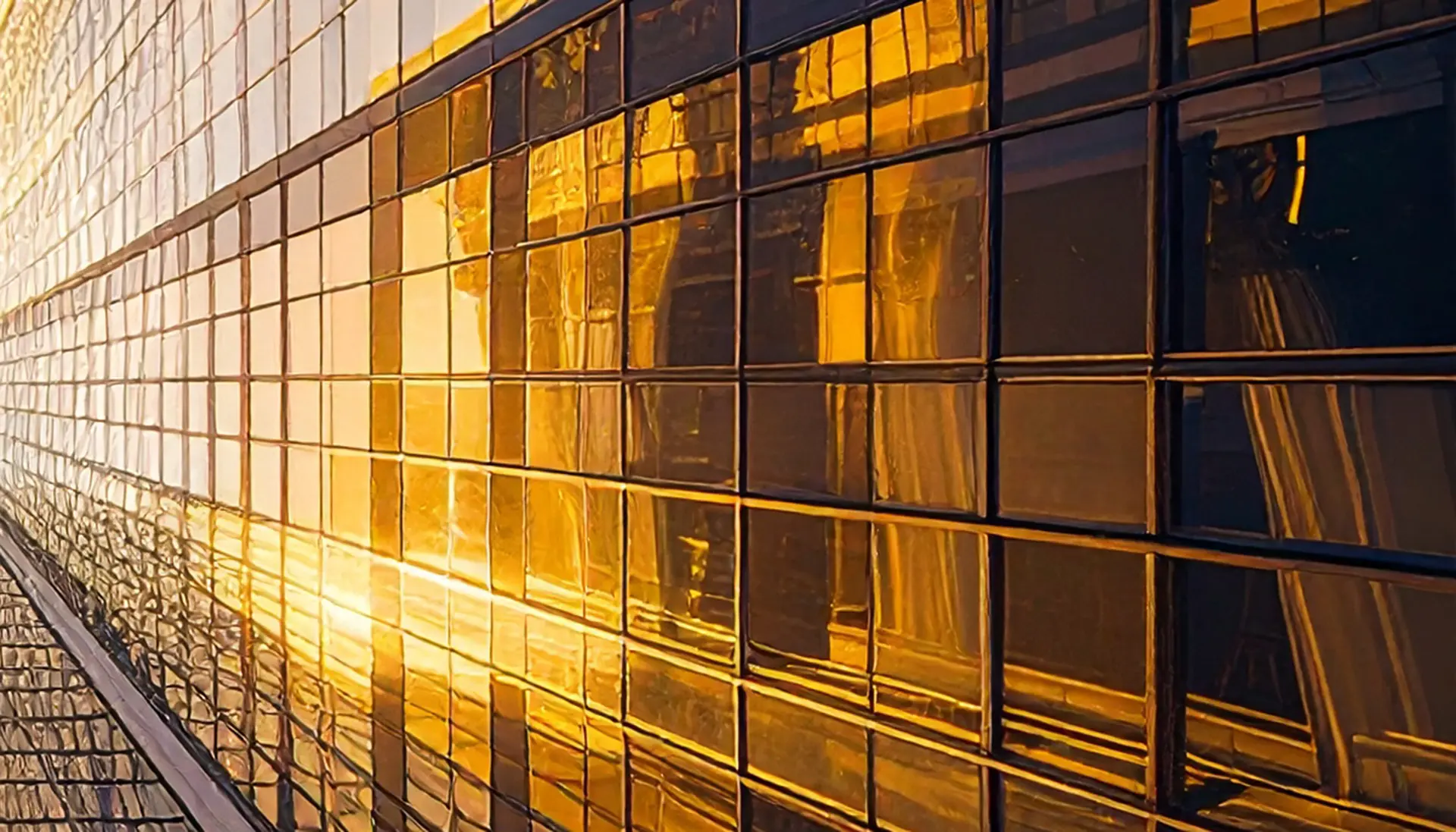 Close-up of reflective golden glass panels on a building facade illuminated by sunlight.