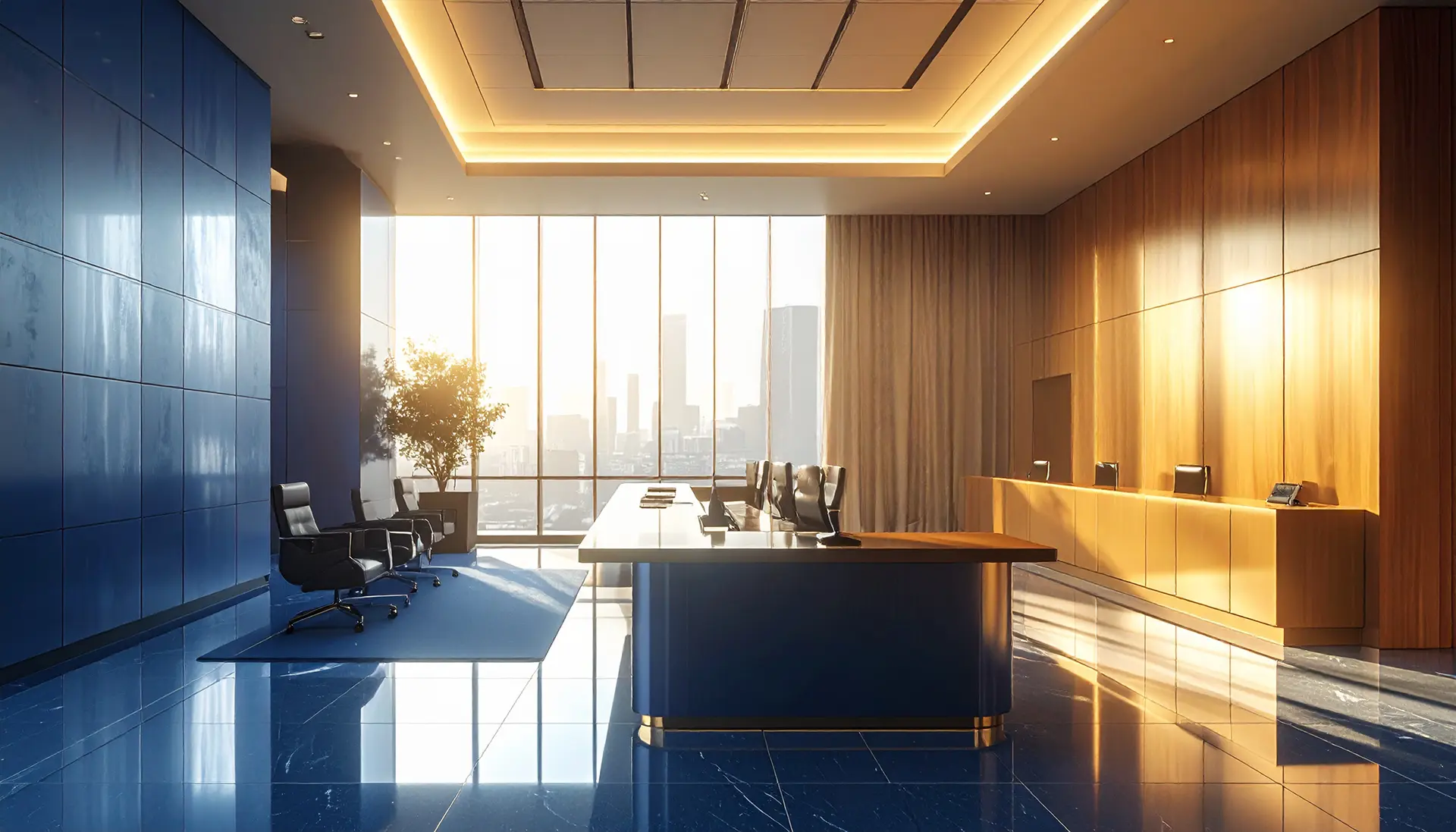 Modern office conference room with a large blue table, black chairs, blue tiled floor, wooden wall panels, and floor-to-ceiling windows showing city skyline at sunset.