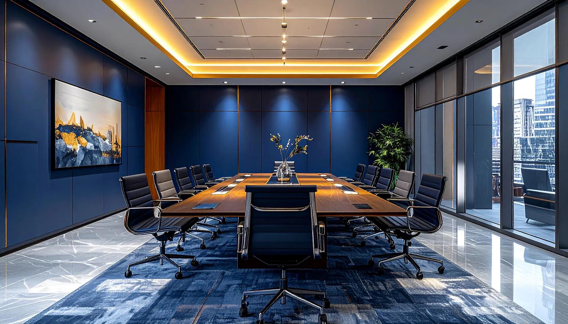Modern conference room with a large wooden table, black office chairs, blue walls, abstract art, and floor-to-ceiling windows overlooking a cityscape.