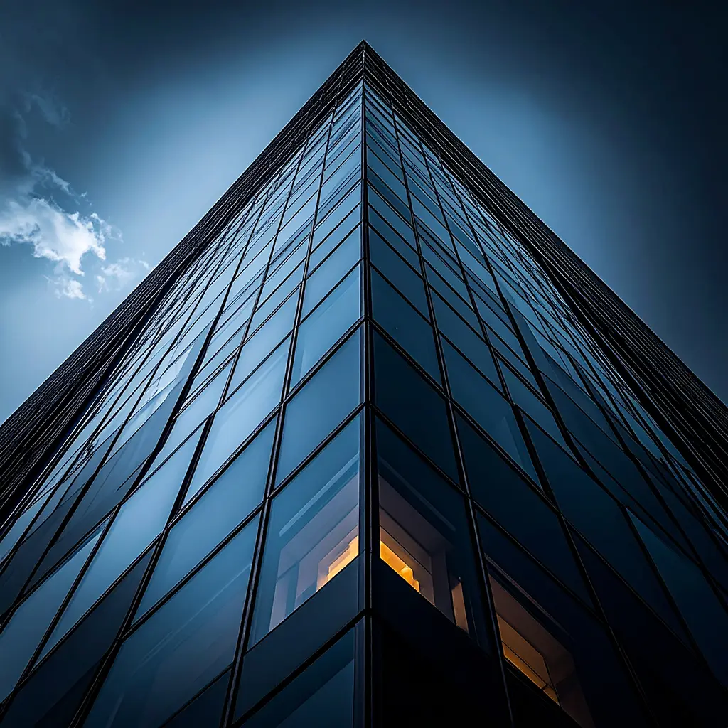 Low-angle view of a modern glass skyscraper reflecting the blue sky with a single illuminated window.