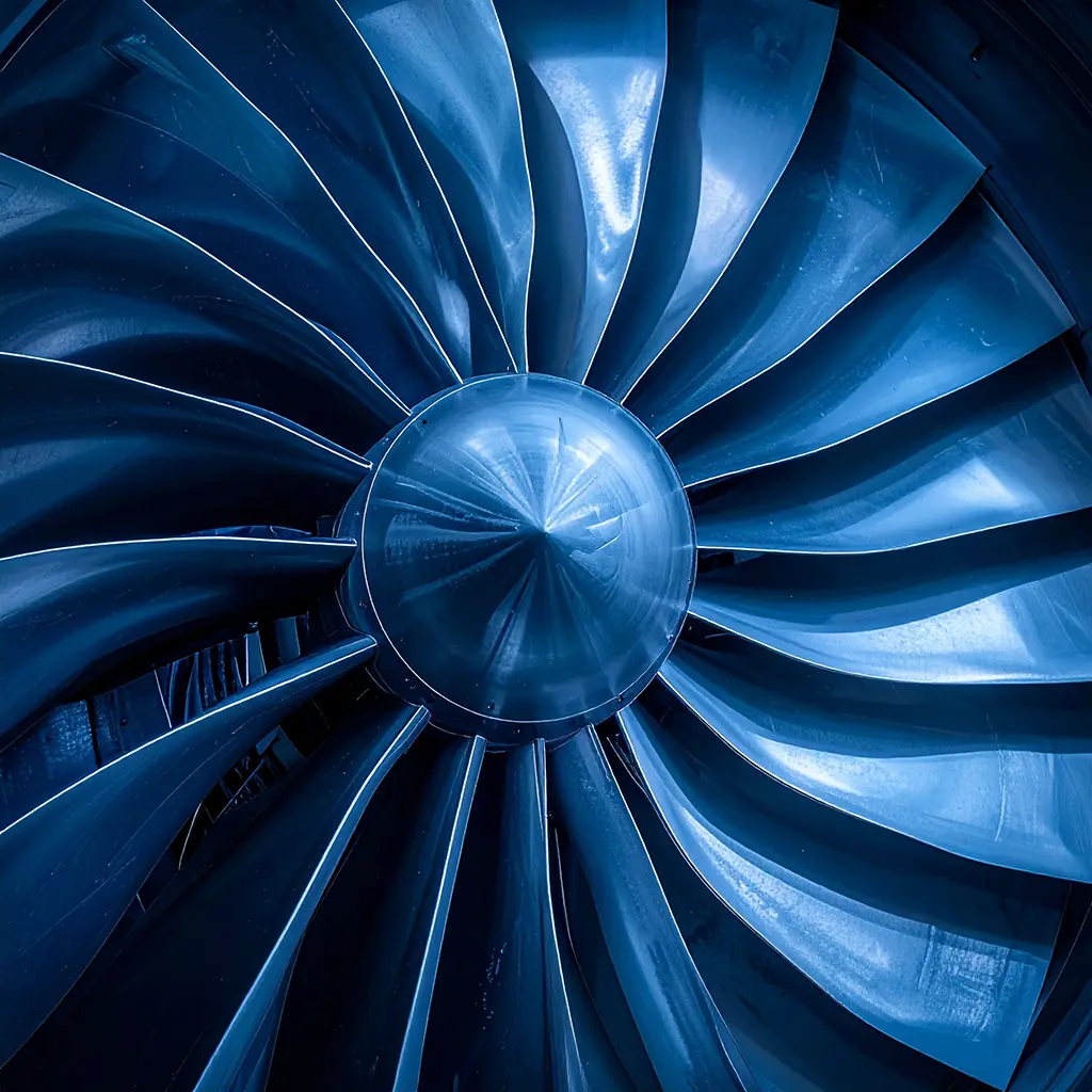 Close-up of metallic blue turbine engine blades arranged radially around a central hub.