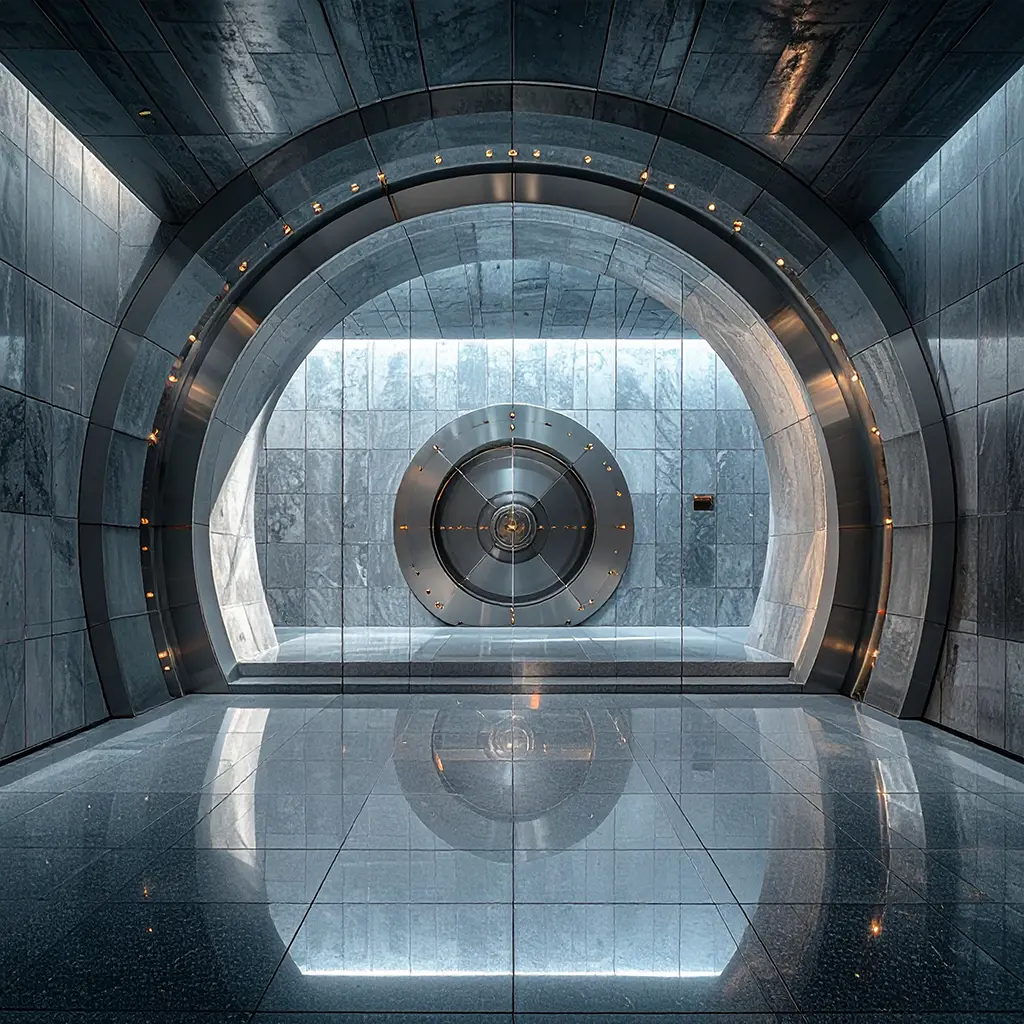 Futuristic circular vault door in a sleek marble and metal interior with reflective tiled floor.