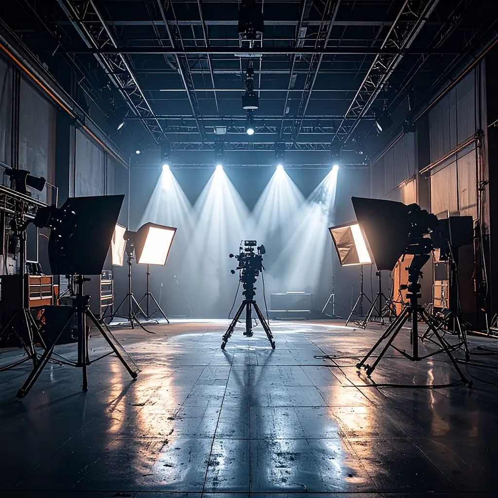 Professional film studio with camera on tripod surrounded by bright studio lights and spotlights.