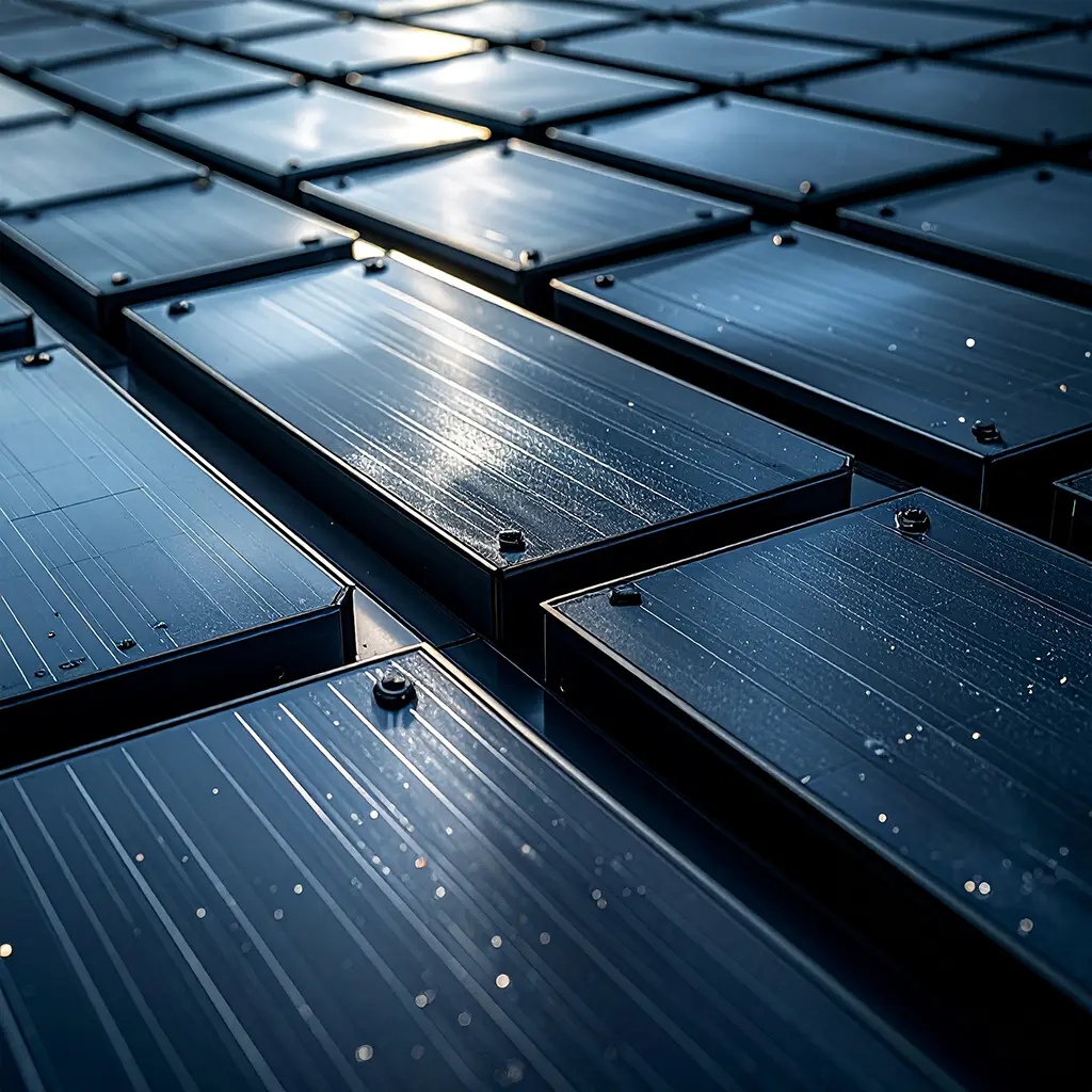 Close-up of multiple dark blue solar panels reflecting sunlight.