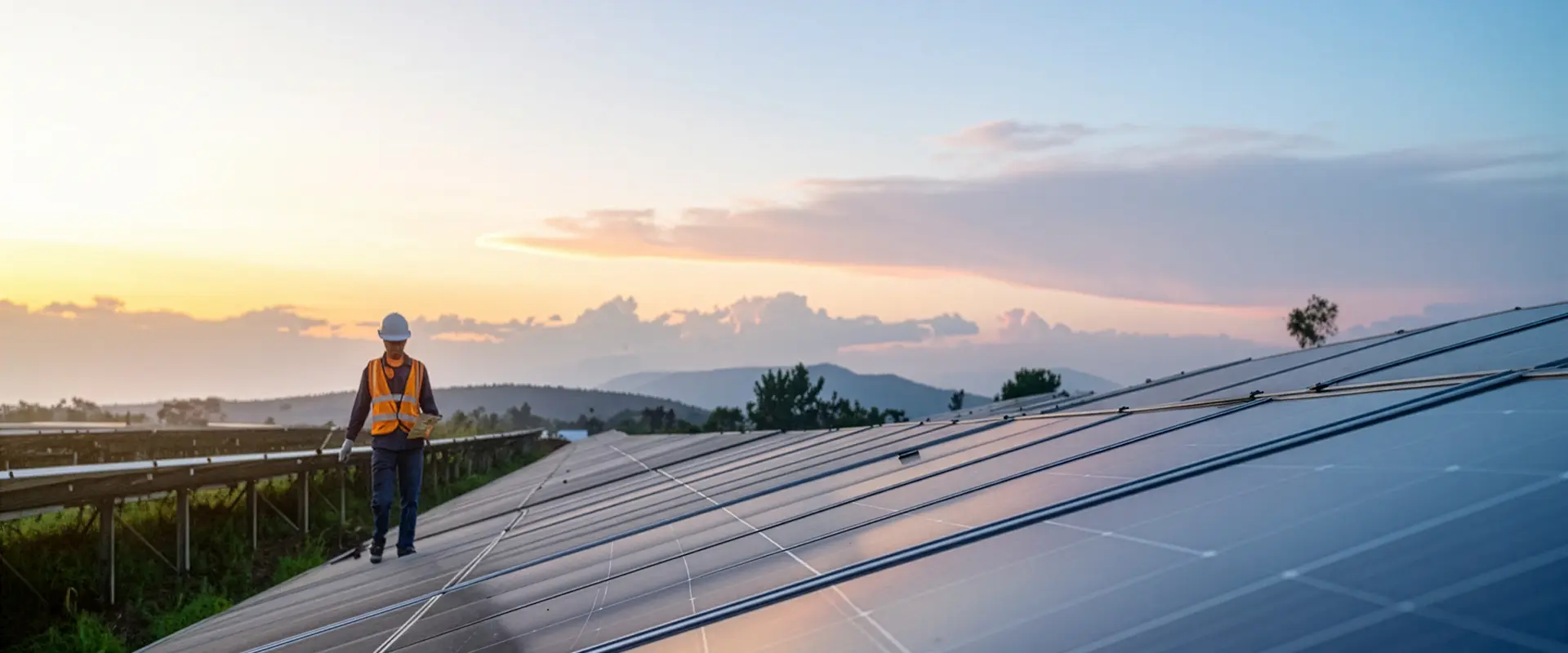 Worker in safety helmet and vest inspecting solar panels at sunset with hills and clouds in the background.