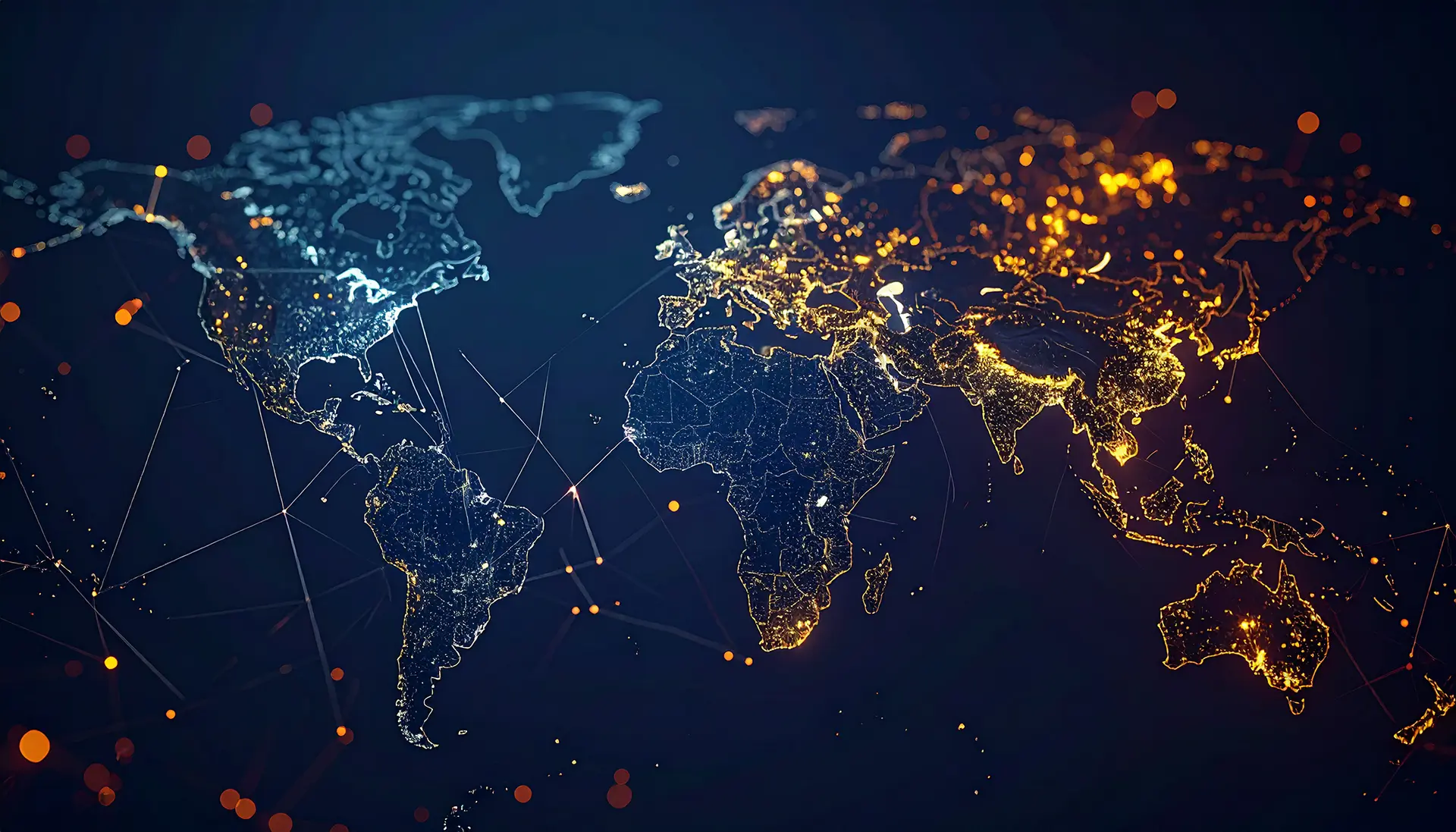 Digital world map with illuminated cities and glowing network lines connecting continents on a dark background.