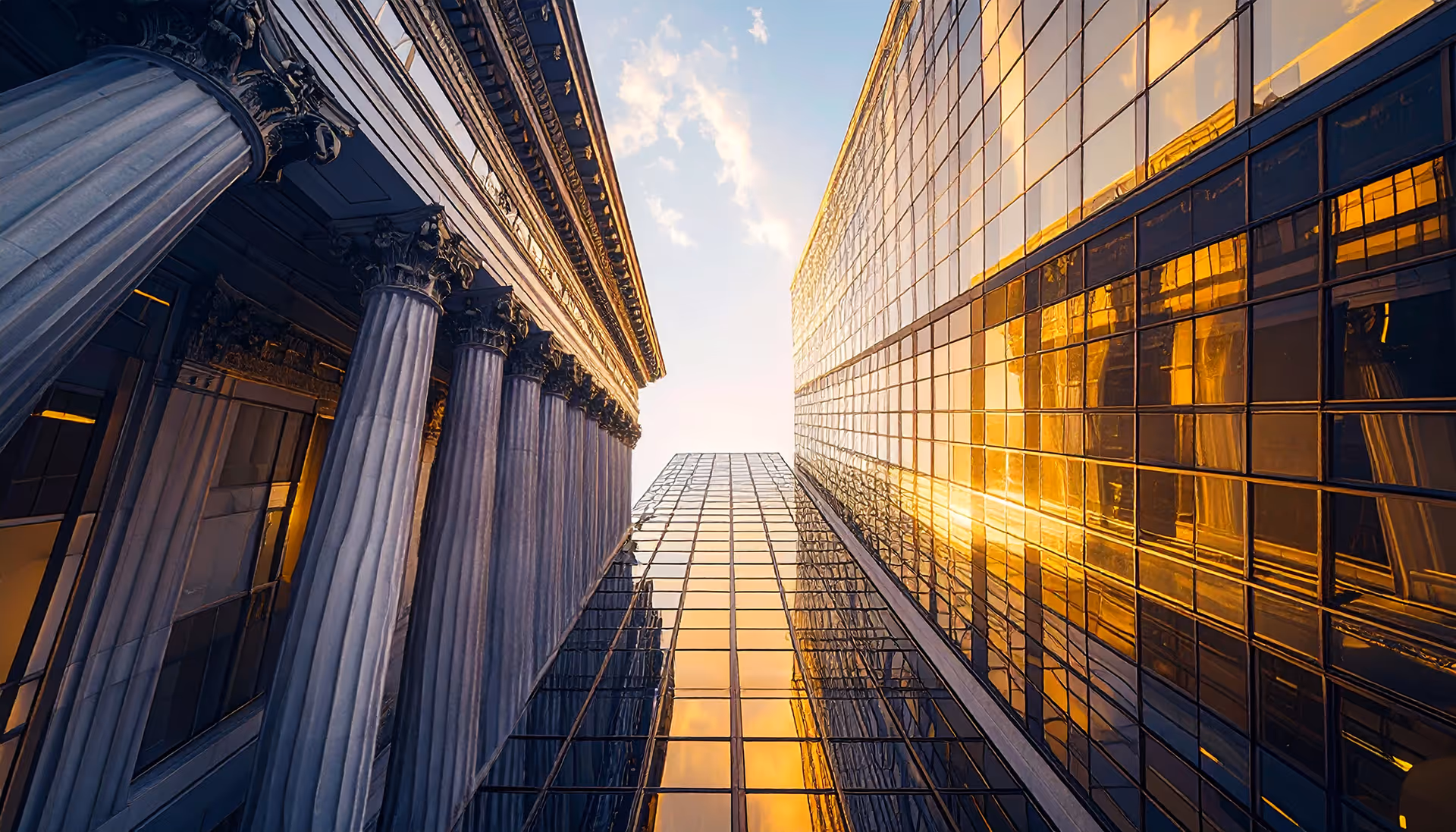 Looking up at classical columns of a historic building beside modern glass skyscrapers reflecting a golden sunset.