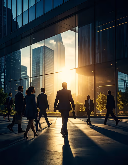 Business professionals walking outside a modern glass office building with the sun setting behind city skyscrapers.