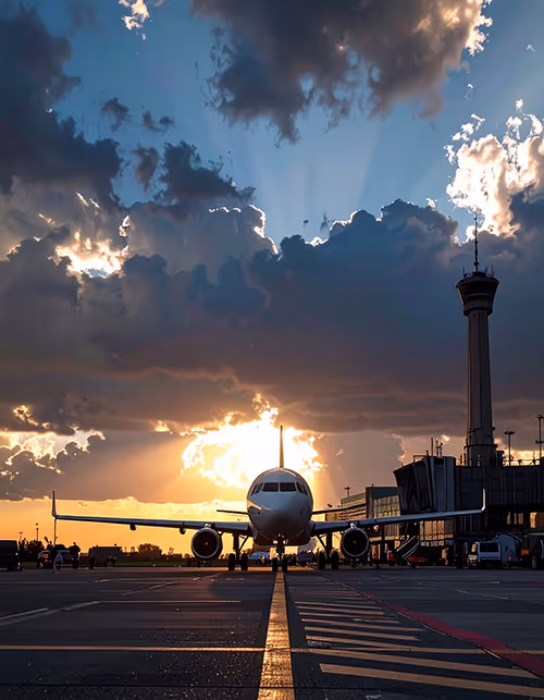 Airplane on runway at sunset with dramatic clouds and airport control tower in the background.