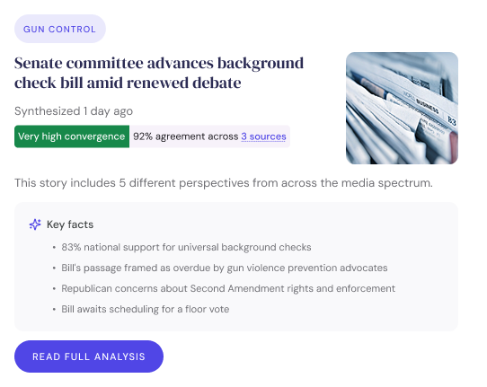 Article headline on gun control about Senate committee advancing a background check bill, showing key facts and a photo of newspapers.