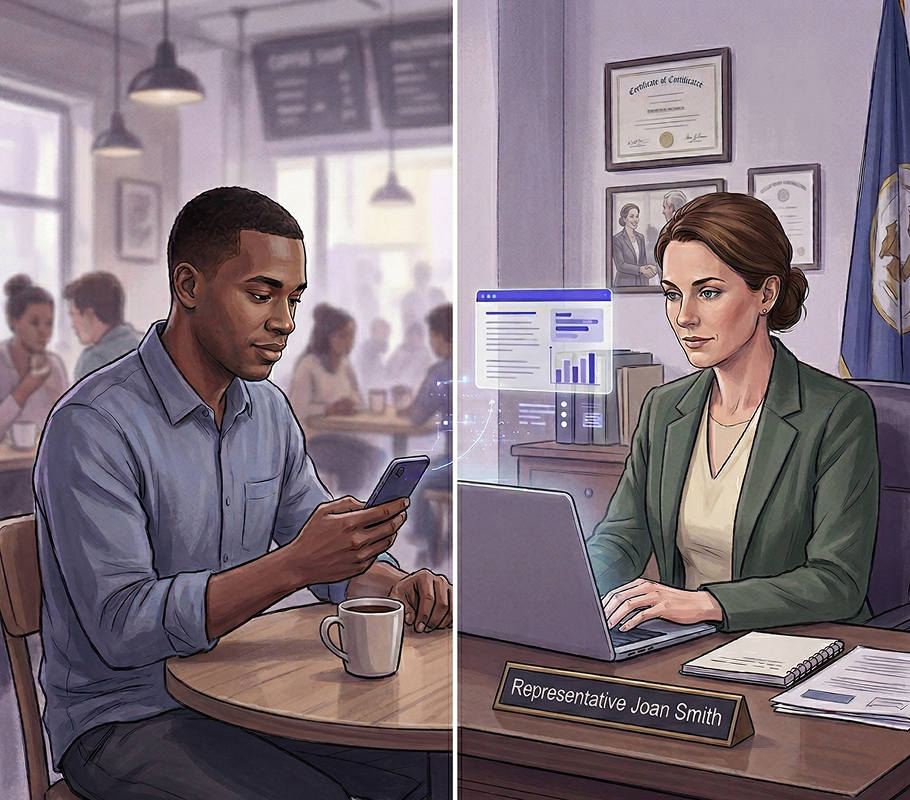 Split scene showing a man using a smartphone in a café on the left, and a woman named Representative Joan Smith working on a laptop in an office on the right.