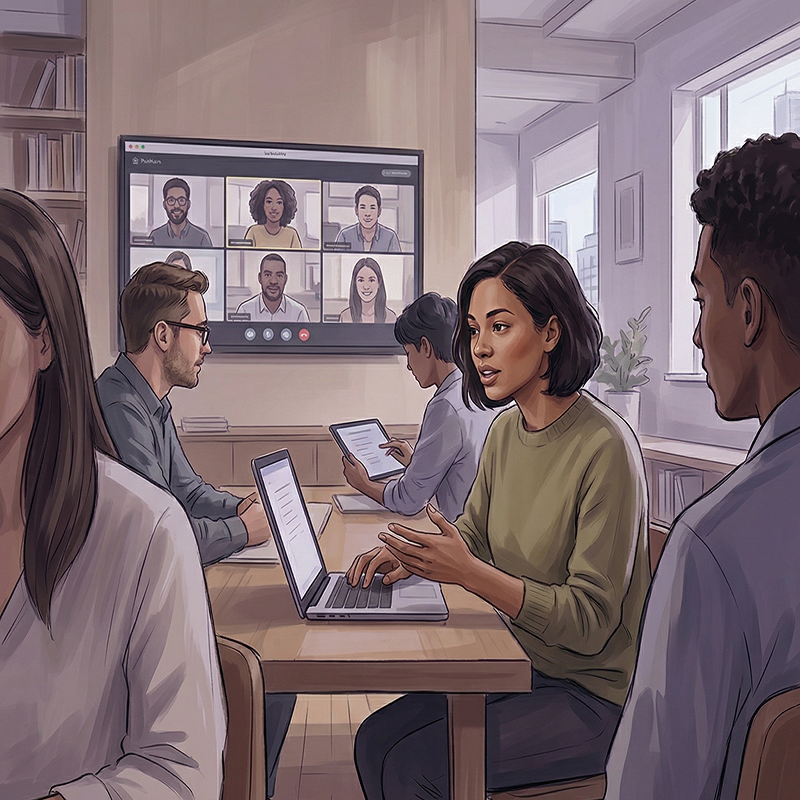 Diverse group of people in a meeting room collaborating, with some using laptops and tablets and others participating via video call on a wall screen.