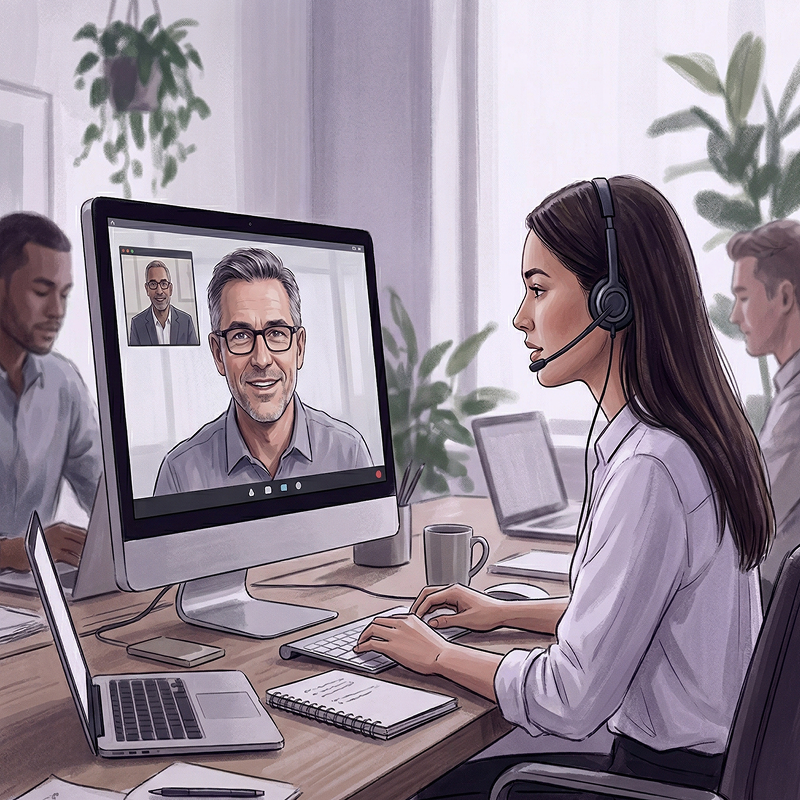 Woman wearing headset participates in a video conference at a desk with a computer, laptop, and notebook in a modern office.