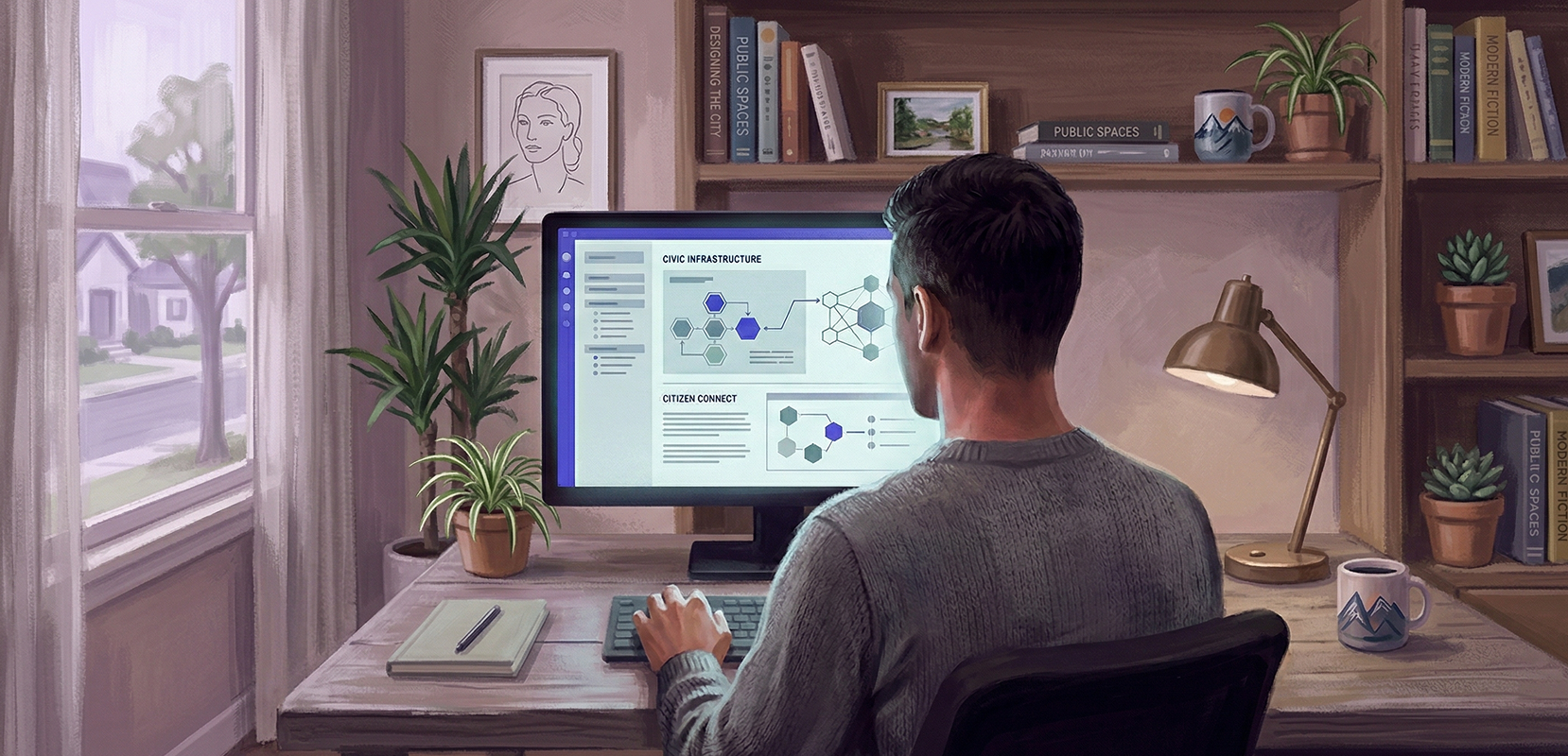 Man in gray sweater working on a computer at a wooden desk with plants, bookshelves, and a window overlooking houses.
