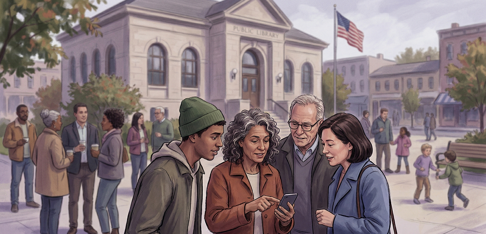 Diverse group of people gathered outside a public library, with some looking at a smartphone and others chatting or walking nearby.