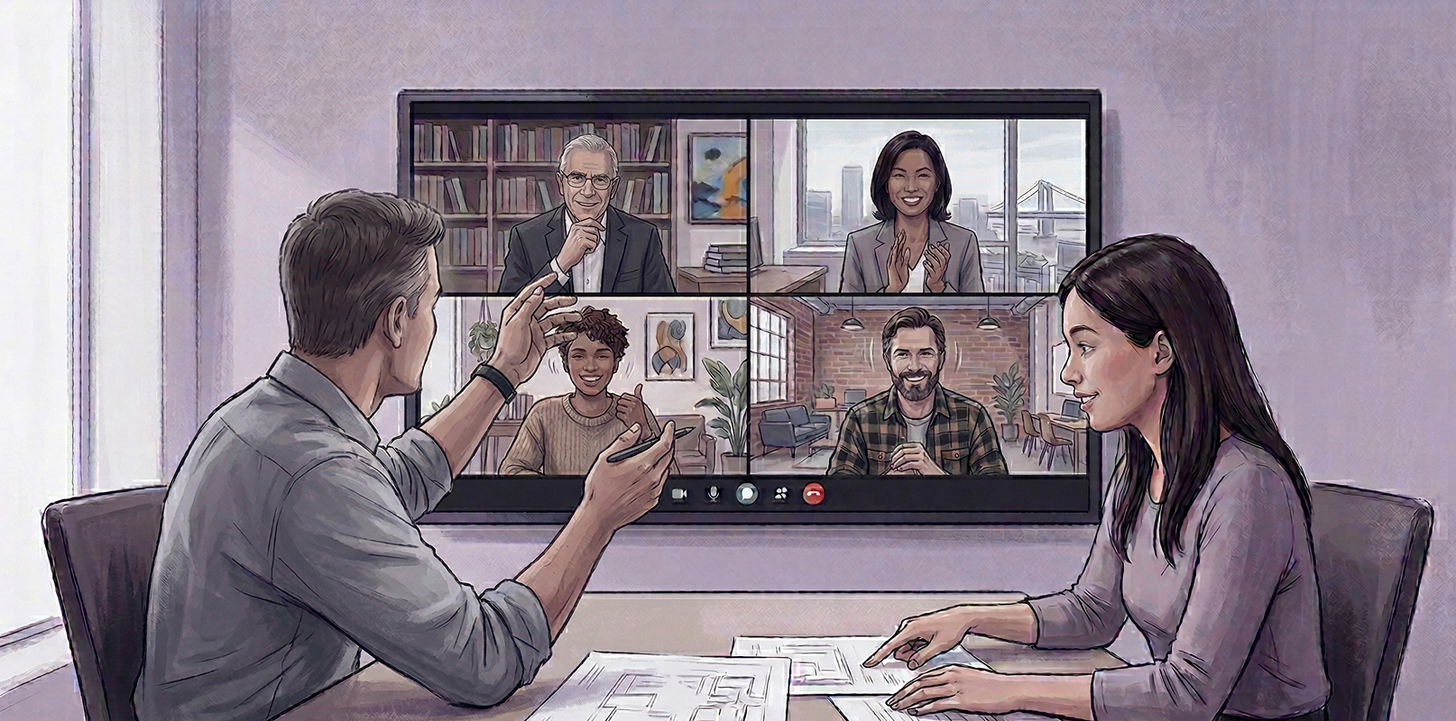 Two people sitting at a table discussing papers while participating in a video conference with four remote colleagues displayed on a large screen.