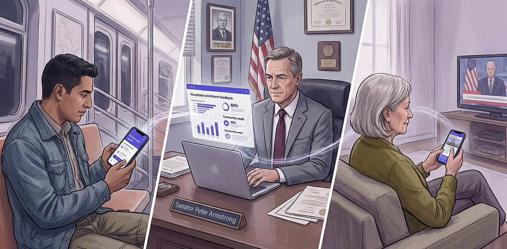 Illustration showing a man using a feedback app on his phone in a subway, a senator reviewing visualized constituent feedback on a laptop, and a woman watching a senator on TV while checking related info on her phone at home.