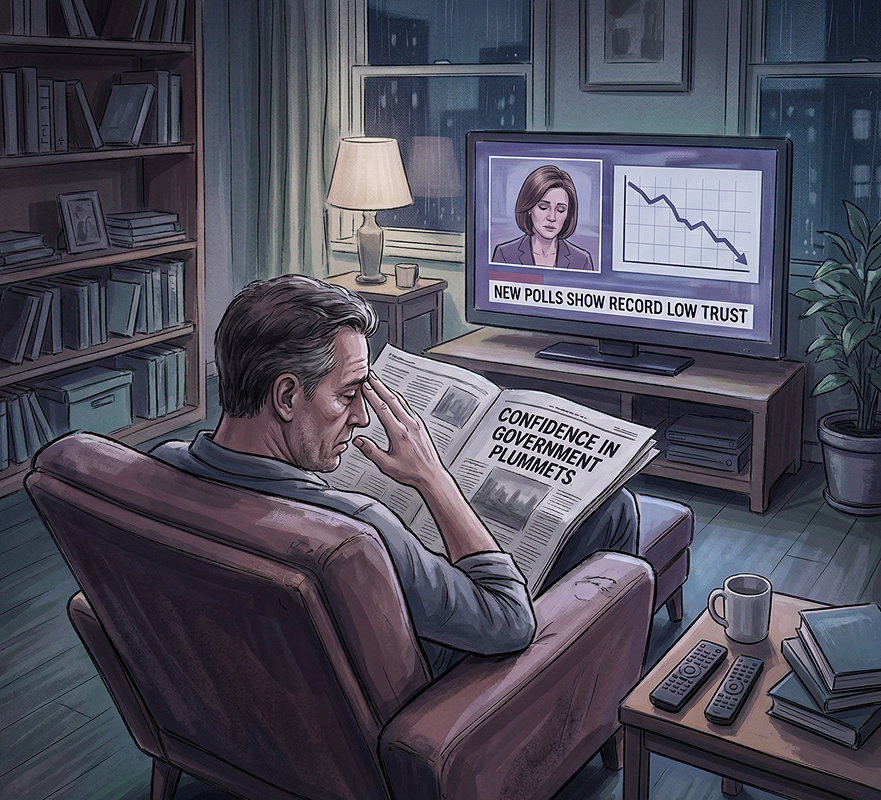 Man sitting in a chair reading a newspaper with headline 'Confidence in Government Plummets,' watching TV showing a downward graph and news banner 'New Polls Show Record Low Trust'.