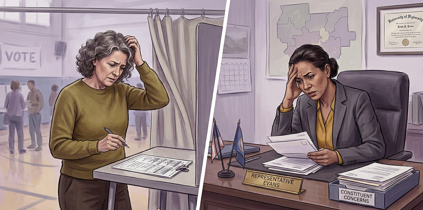 Split image showing a worried voter filling out a ballot at a polling station on the left and a concerned Representative Evans reading constituent concerns at her desk on the right.