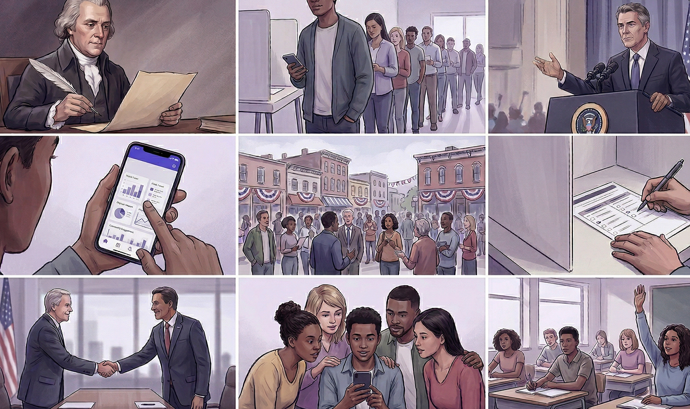 Collage of nine scenes illustrating democratic process and civic engagement, including historical figure writing, people voting in line and booths, a political speech, election data on a phone, community discussions, and a classroom.
