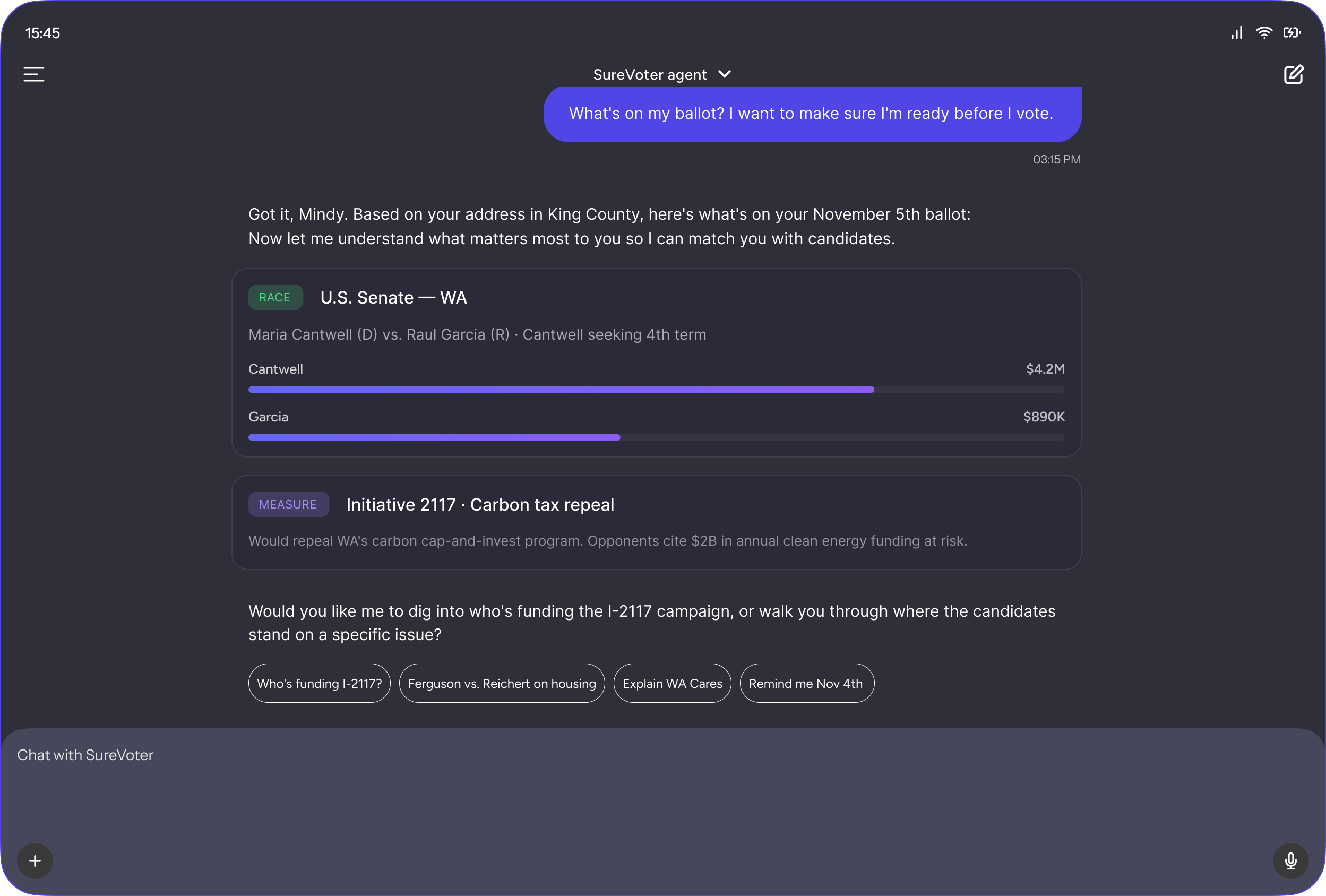 Chat interface of SureVoter agent showing a user's November 5th King County ballot details, including U.S. Senate race funding comparison and Initiative 2117 on carbon tax repeal, with options for further queries.
