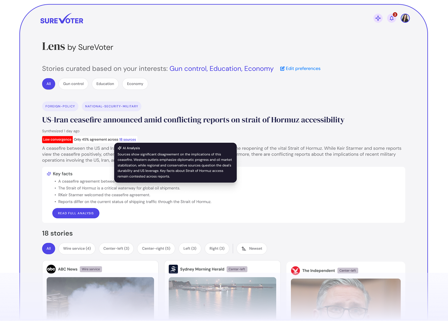 SureVoter Lens news dashboard showing curated stories on US-Iran ceasefire and Strait of Hormuz access, with tags for foreign policy and military.