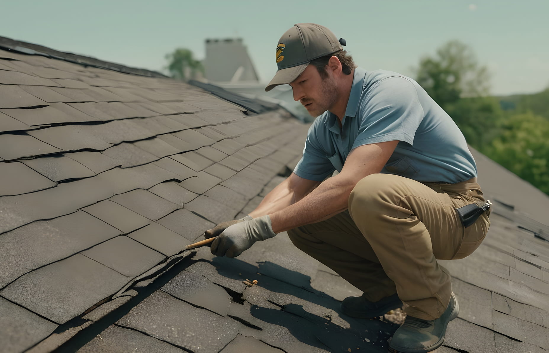Man wearing gloves and cap repairing damaged roof shingles on a house roof.