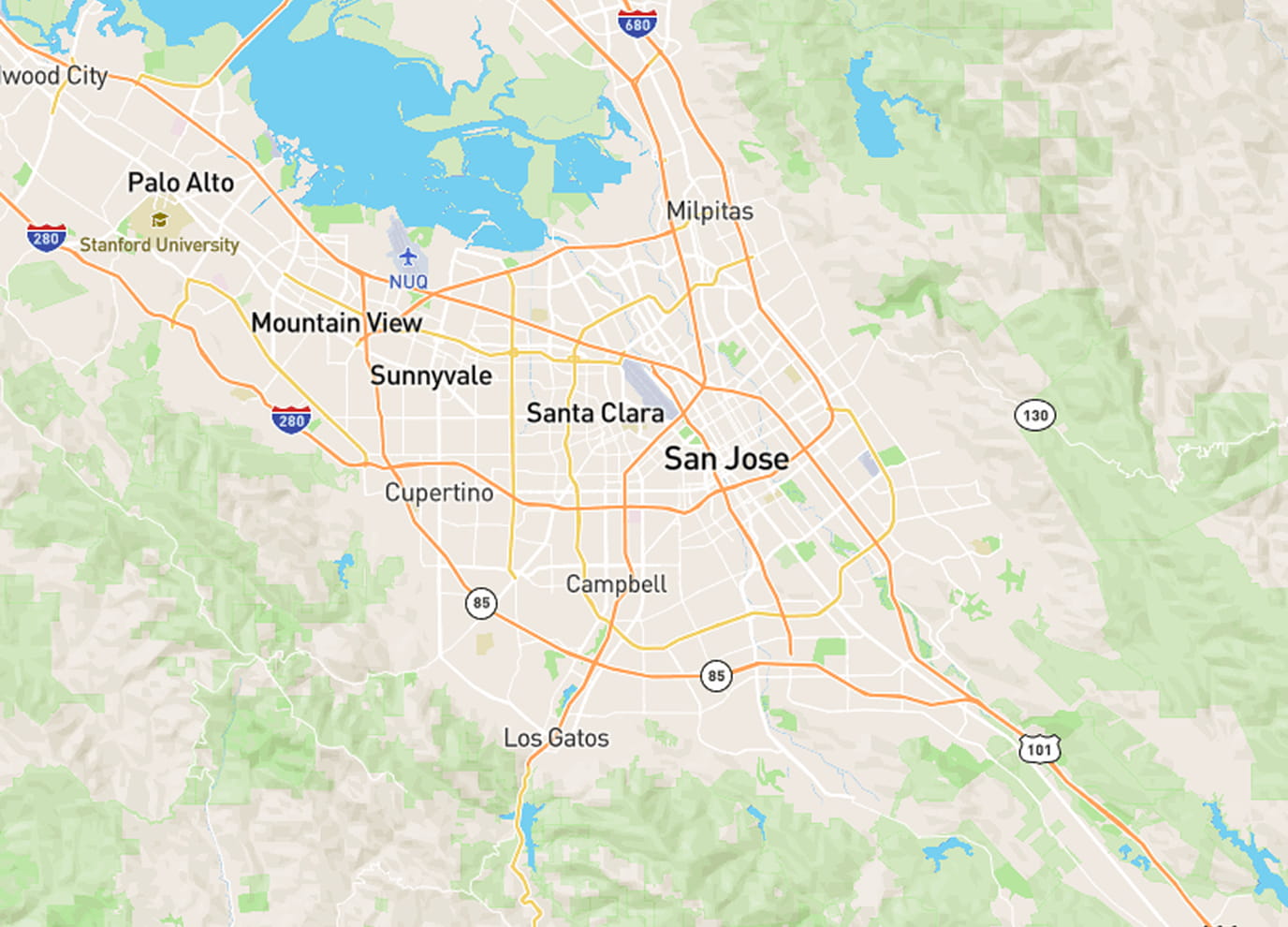 Map showing San Jose and surrounding cities including Palo Alto, Mountain View, Sunnyvale, Santa Clara, Cupertino, Campbell, and Los Gatos with major highways 280, 680, 85, 101, and 130.