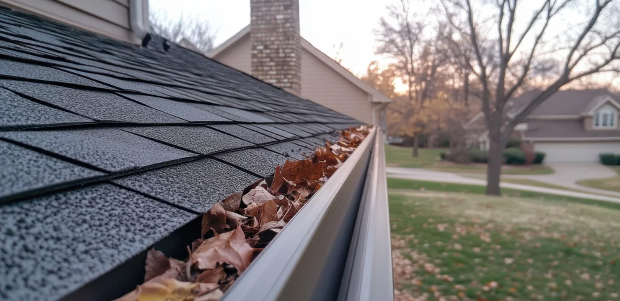 Close-up of a roof gutter filled with dry autumn leaves on a suburban house at sunset.