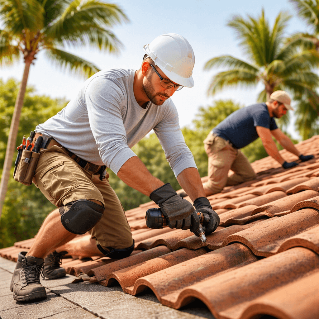Two construction workers installing terracotta roof tiles on a sunny day with palm trees in the background.