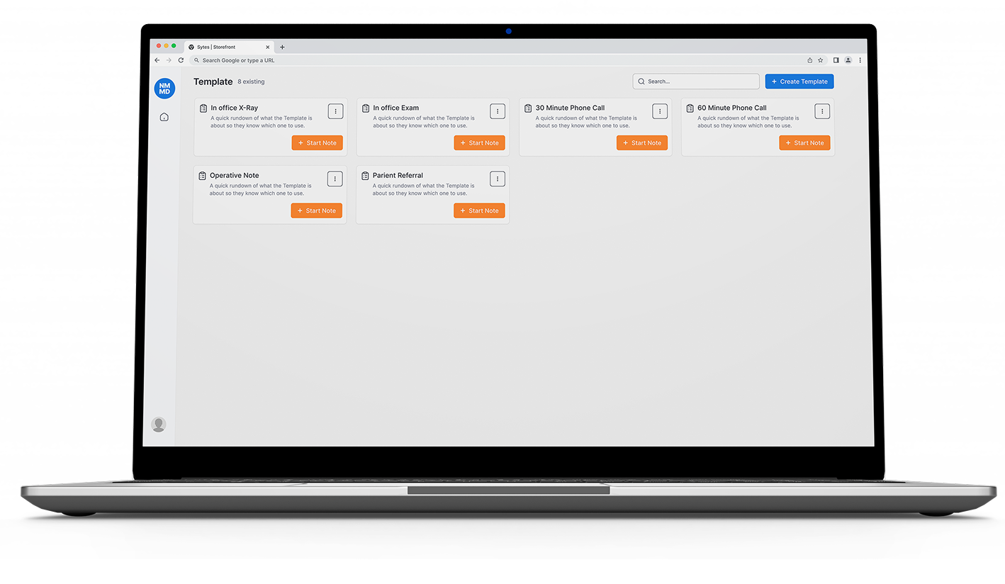 Digital medical note editor in NoteMaster MD showing patient intake form and real-time surgical operative note preview