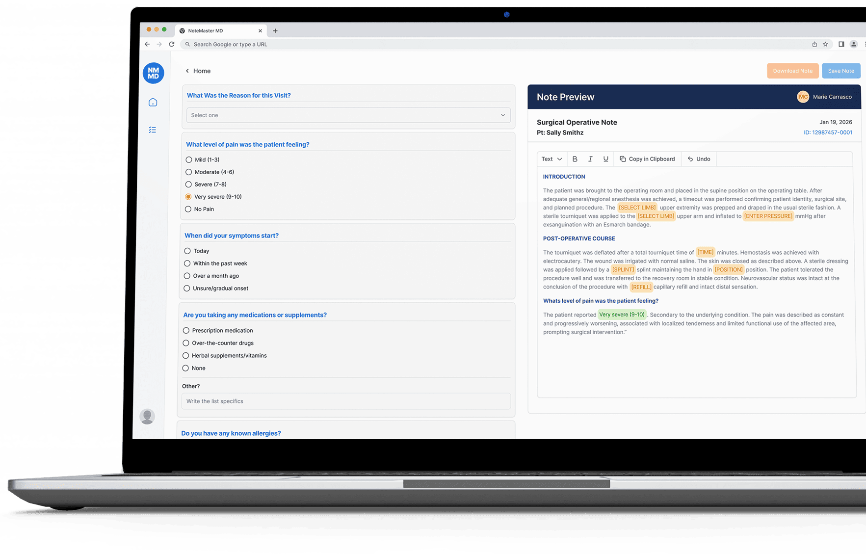Screenshot of the NoteMasterMD interface showing structured surgical documentation with guided data entry and live note preview