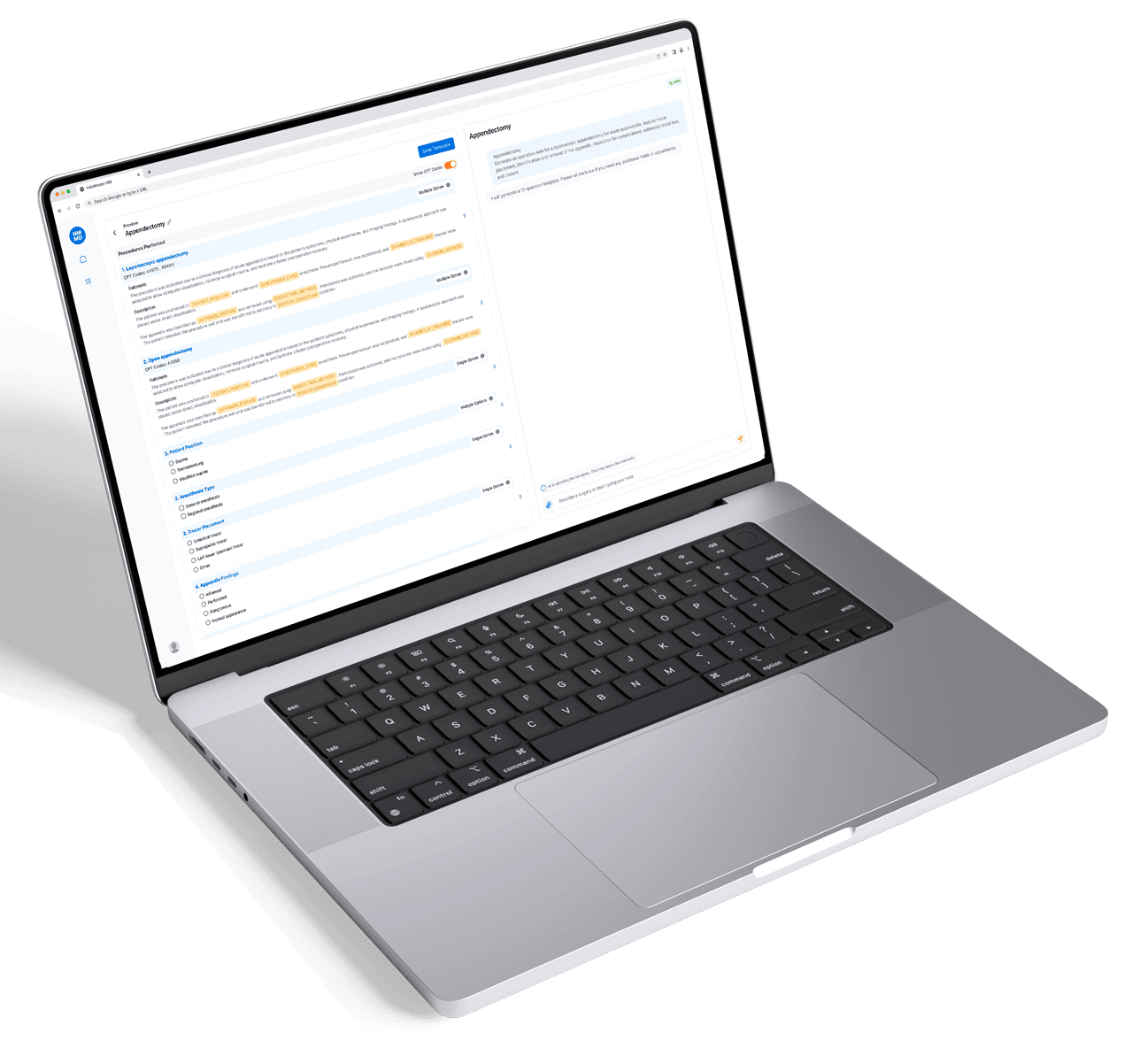 Screenshot of the NoteMasterMD interface showing structured surgical documentation with guided fields and real-time note preview
